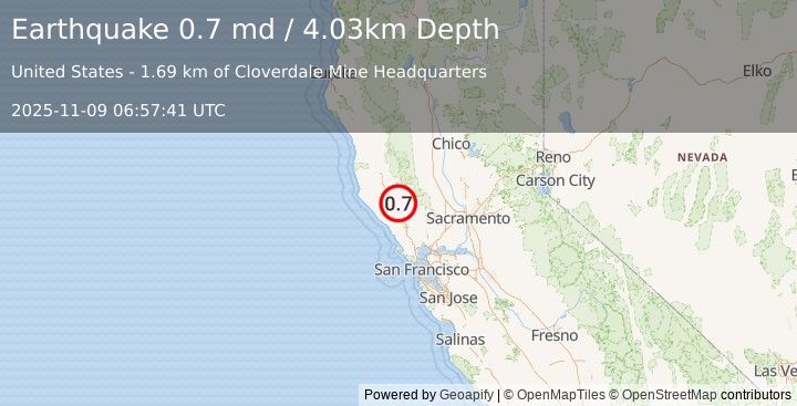 Earthquake 11 km WNW of The Geysers, CA (0.7 md) (2025-11-09 06:57:41 UTC)