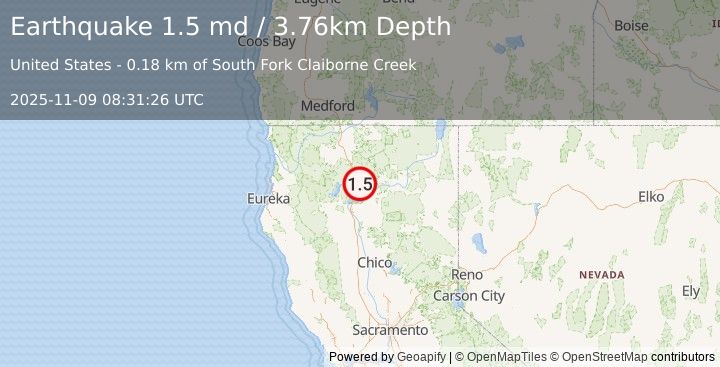 Earthquake 20 km SSE of Dunsmuir, CA (1.5 md) (2025-11-09 08:31:26 UTC)