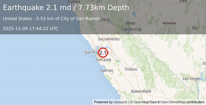 Earthquake 4 km SE of San Ramon, CA (2.1 md) (2025-11-09 17:44:22 UTC)