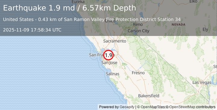 Earthquake 3 km ESE of San Ramon, CA (1.9 md) (2025-11-09 17:58:34 UTC)