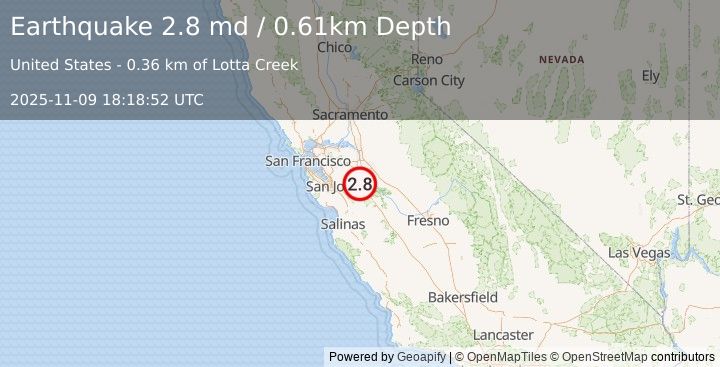 Earthquake 17 km SW of Patterson, CA (2.8 md) (2025-11-09 18:18:52 UTC)