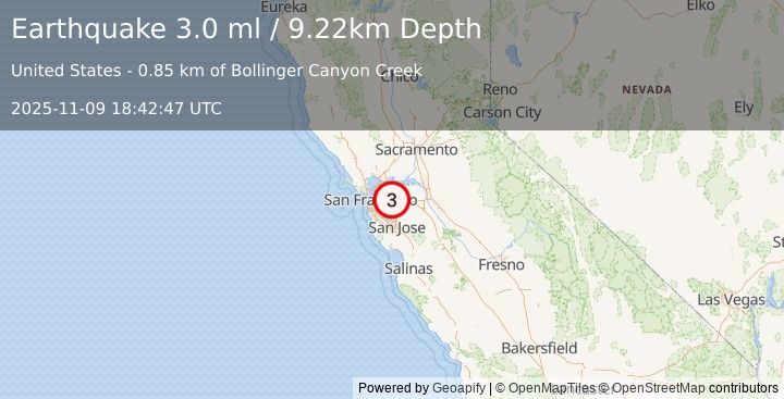 Earthquake 1 km W of San Ramon, CA (3.0 ml) (2025-11-09 18:42:47 UTC)