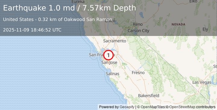 Earthquake 4 km SE of San Ramon, CA (1.0 md) (2025-11-09 18:46:52 UTC)