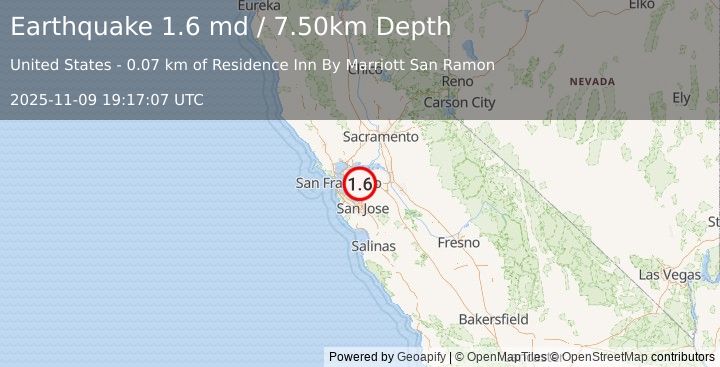 Earthquake 3 km SE of San Ramon, CA (1.6 md) (2025-11-09 19:17:07 UTC)