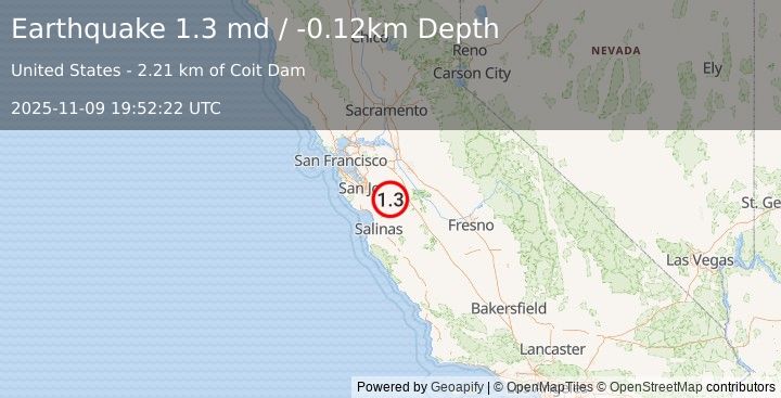 Earthquake 19 km ENE of San Martin, CA (1.3 md) (2025-11-09 19:52:22 UTC)