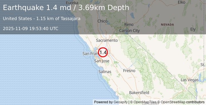 Earthquake 10 km ENE of Blackhawk, CA (1.4 md) (2025-11-09 19:53:40 UTC)