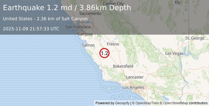 Earthquake 8 km NW of Coalinga, CA (1.2 md) (2025-11-09 21:57:33 UTC)