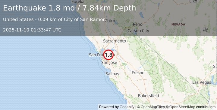 Earthquake 4 km ESE of San Ramon, CA (1.8 md) (2025-11-10 01:33:47 UTC)