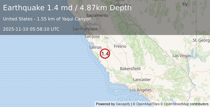 Earthquake 20 km NNE of San Lucas, CA (1.4 md) (2025-11-10 05:58:10 UTC)