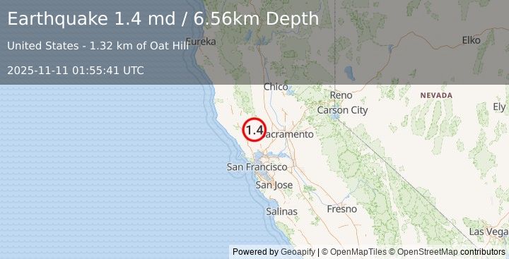 Earthquake 12 km SE of Middletown, CA (1.4 md) (2025-11-11 01:55:41 UTC)