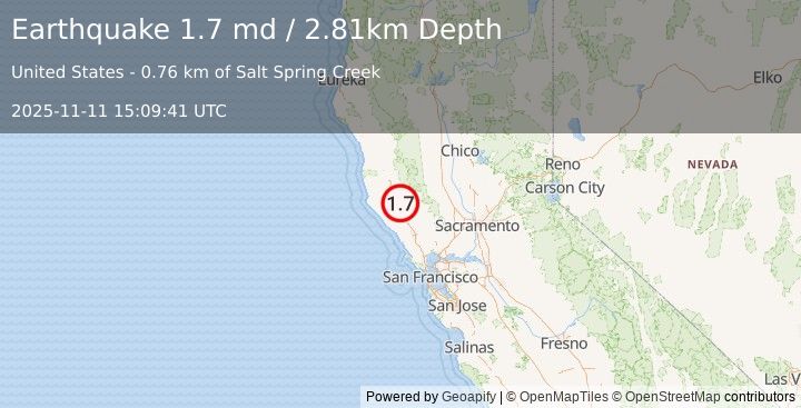 Earthquake 11 km N of Cloverdale, CA (1.7 md) (2025-11-11 15:09:41 UTC)