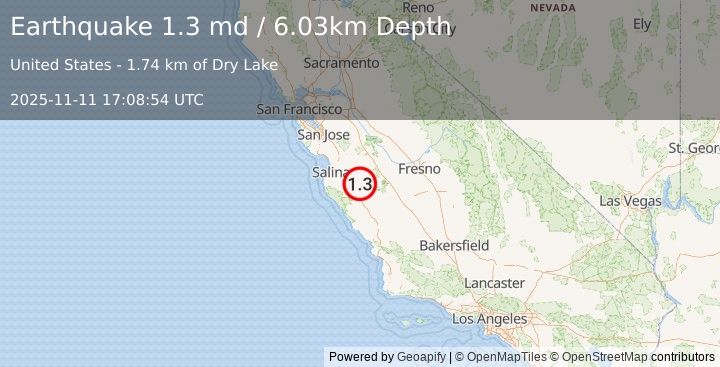 Earthquake 8 km SE of Pinnacles, CA (1.3 md) (2025-11-11 17:08:54 UTC)
