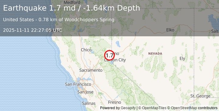 Earthquake 9 km NNE of Truckee, CA (1.7 md) (2025-11-11 22:27:05 UTC)