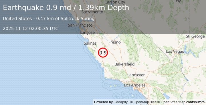 Earthquake 23 km ENE of San Ardo, CA (0.9 md) (2025-11-12 02:00:35 UTC)