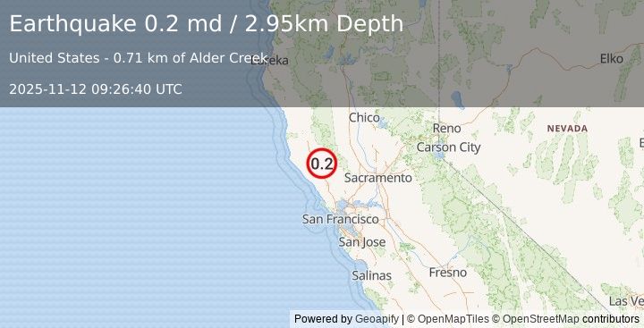 Earthquake 12 km WNW of The Geysers, CA (0.2 md) (2025-11-12 09:26:40 UTC)