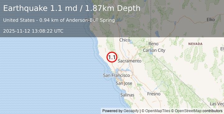 Earthquake 2 km NE of The Geysers, CA (1.1 md) (2025-11-12 13:08:22 UTC)