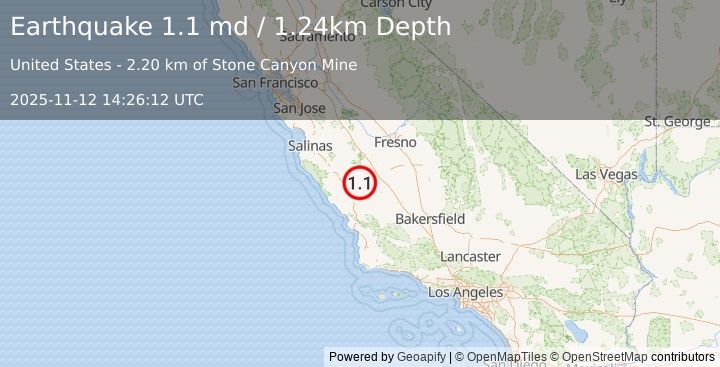 Earthquake 16 km NW of Parkfield, CA (1.1 md) (2025-11-12 14:26:12 UTC)