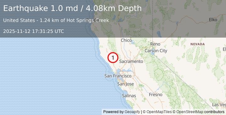 Earthquake 1 km NW of The Geysers, CA (1.0 md) (2025-11-12 17:31:25 UTC)