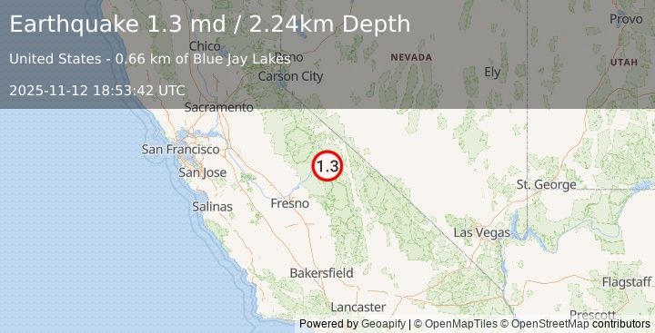 Earthquake 22 km SW of Toms Place, CA (1.3 md) (2025-11-12 18:53:42 UTC)