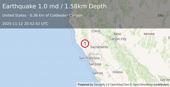 Earthquake 8 km NW of The Geysers, CA (1.0 md) (2025-11-12 20:52:52 UTC)