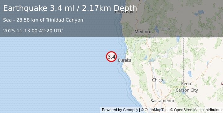 Earthquake 81 km W of Trinidad, CA (3.4 ml) (2025-11-13 00:42:20 UTC)