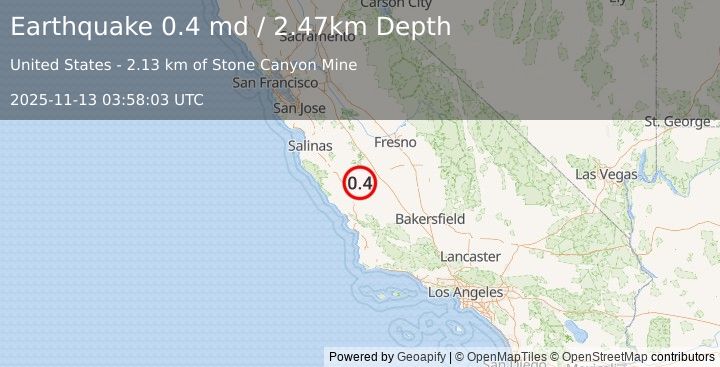 Earthquake 16 km NW of Parkfield, CA (0.4 md) (2025-11-13 03:58:03 UTC)