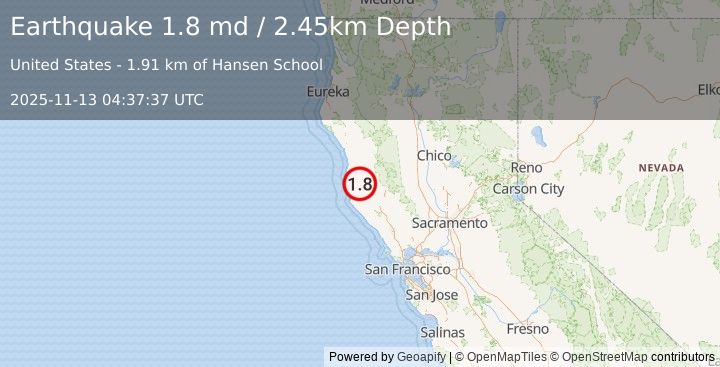 Earthquake 20 km SSW of Willits, CA (1.8 md) (2025-11-13 04:37:37 UTC)