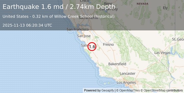 Earthquake 8 km NNW of Pinnacles, CA (1.6 md) (2025-11-13 06:20:34 UTC)