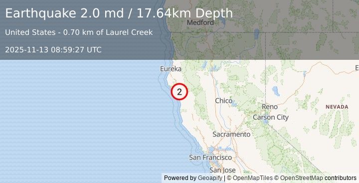 Earthquake 10 km SSE of Redway, CA (2.0 md) (2025-11-13 08:59:27 UTC)