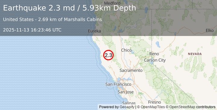Earthquake 16 km WNW of Lake Pillsbury, CA (2.3 md) (2025-11-13 16:23:46 UTC)