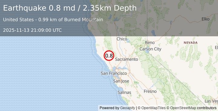 Earthquake 2 km NW of The Geysers, CA (0.8 md) (2025-11-13 21:09:00 UTC)
