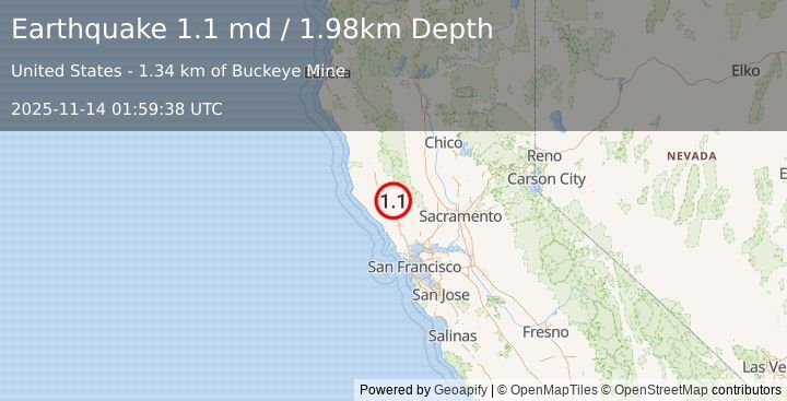 Earthquake 9 km WNW of The Geysers, CA (1.1 md) (2025-11-14 01:59:38 UTC)