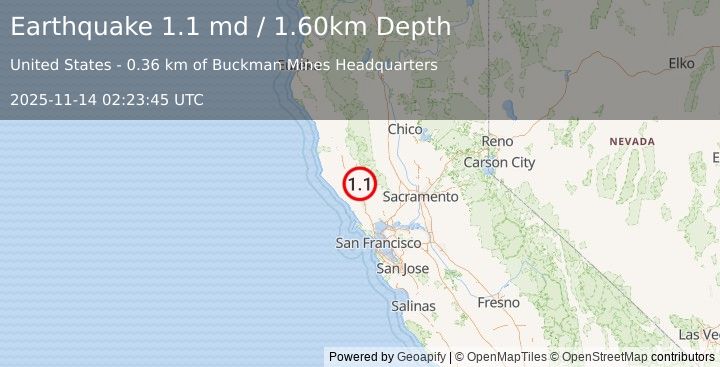 Earthquake 7 km WNW of The Geysers, CA (1.1 md) (2025-11-14 02:23:45 UTC)