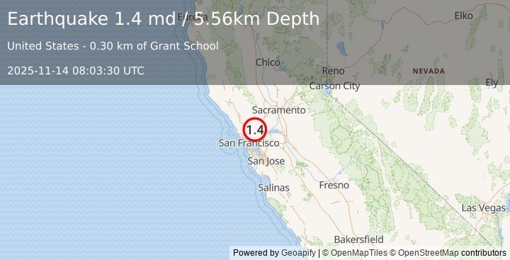 Earthquake 3 km S of Vallejo, CA (1.4 md) (2025-11-14 08:03:30 UTC)