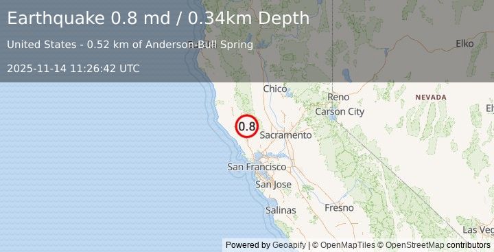 Earthquake 3 km SSW of Cobb, CA (0.8 md) (2025-11-14 11:26:42 UTC)