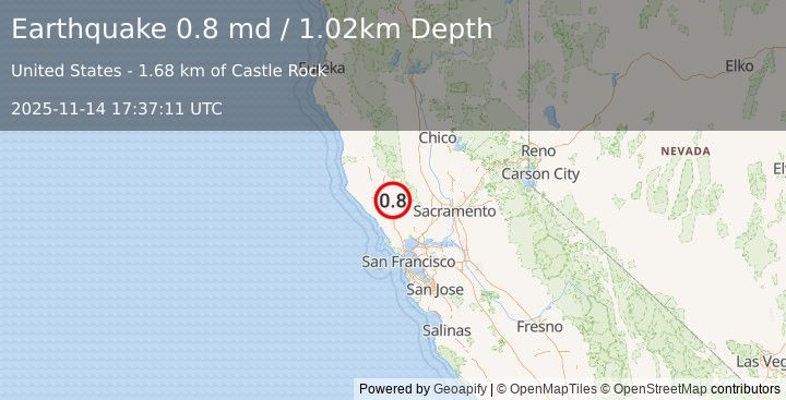 Earthquake 4 km SSE of The Geysers, CA (0.8 md) (2025-11-14 17:37:11 UTC)