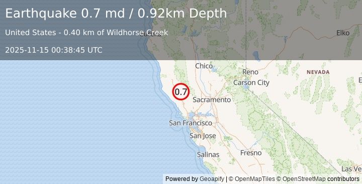 Earthquake 10 km NW of The Geysers, CA (0.7 md) (2025-11-15 00:38:45 UTC)