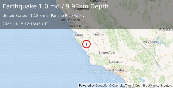 Earthquake 3 km ESE of San Ardo, CA (1.0 md) (2025-11-15 12:16:45 UTC)