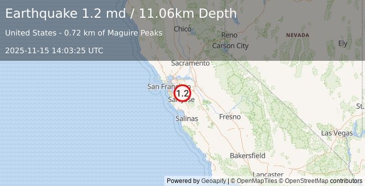 Earthquake 7 km SE of Sunol, CA (1.2 md) (2025-11-15 14:03:25 UTC)