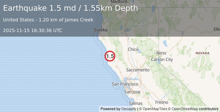 Earthquake 14 km WSW of Willits, CA (1.5 md) (2025-11-15 16:30:36 UTC)