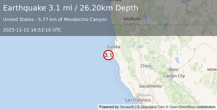 Earthquake 23 km W of Petrolia, CA (3.1 ml) (2025-11-15 16:53:10 UTC)