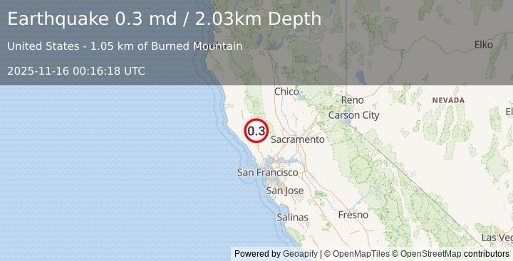 Earthquake 2 km NW of The Geysers, CA (0.3 md) (2025-11-16 00:16:18 UTC)