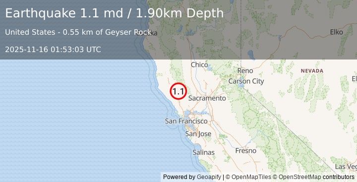 Earthquake 4 km W of Cobb, CA (1.1 md) (2025-11-16 01:53:03 UTC)
