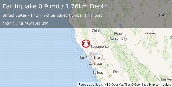 Earthquake 2 km N of The Geysers, CA (0.9 md) (2025-11-16 03:07:41 UTC)