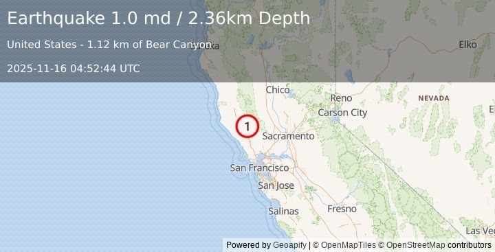 Earthquake 7 km NW of The Geysers, CA (1.0 md) (2025-11-16 04:52:44 UTC)