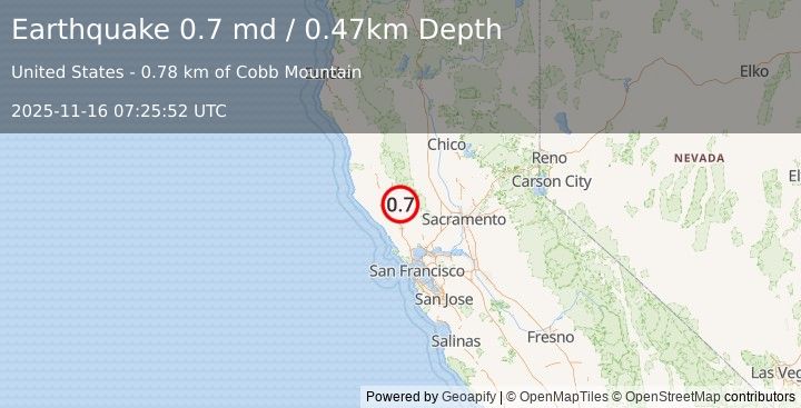 Earthquake 3 km WSW of Cobb, CA (0.7 md) (2025-11-16 07:25:52 UTC)