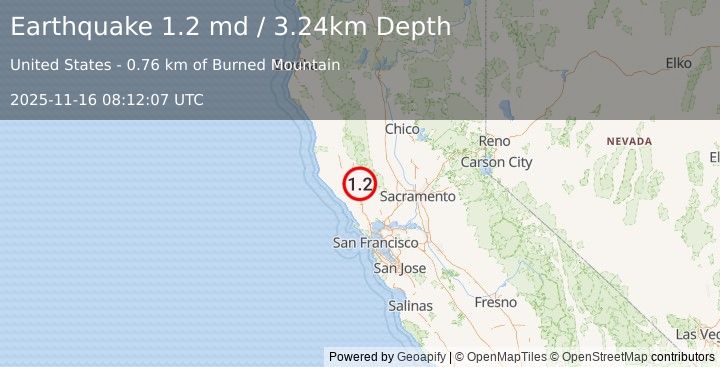Earthquake 2 km NNW of The Geysers, CA (1.2 md) (2025-11-16 08:12:07 UTC)