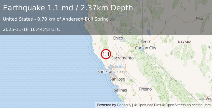 Earthquake 2 km S of Cobb, CA (1.1 md) (2025-11-16 10:44:43 UTC)