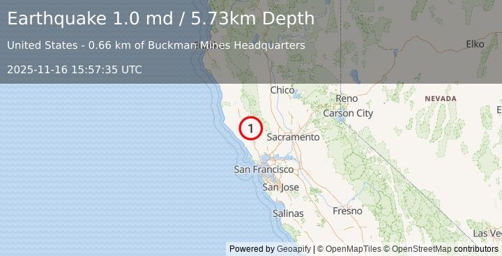 Earthquake 6 km WNW of The Geysers, CA (1.0 md) (2025-11-16 15:57:35 UTC)