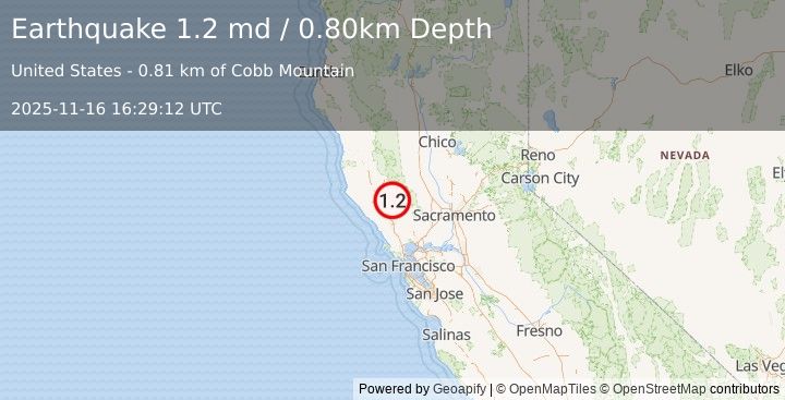 Earthquake 2 km WSW of Cobb, CA (1.2 md) (2025-11-16 16:29:12 UTC)